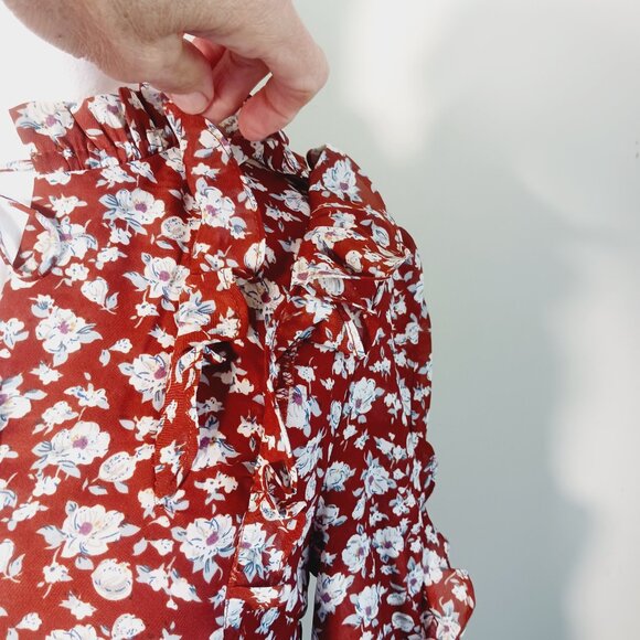 INA, NWT, Mini Dress, MED, Rust Floral Print Ruffle Accents 3/4 Sleeve Feminine - Picture 6 of 16